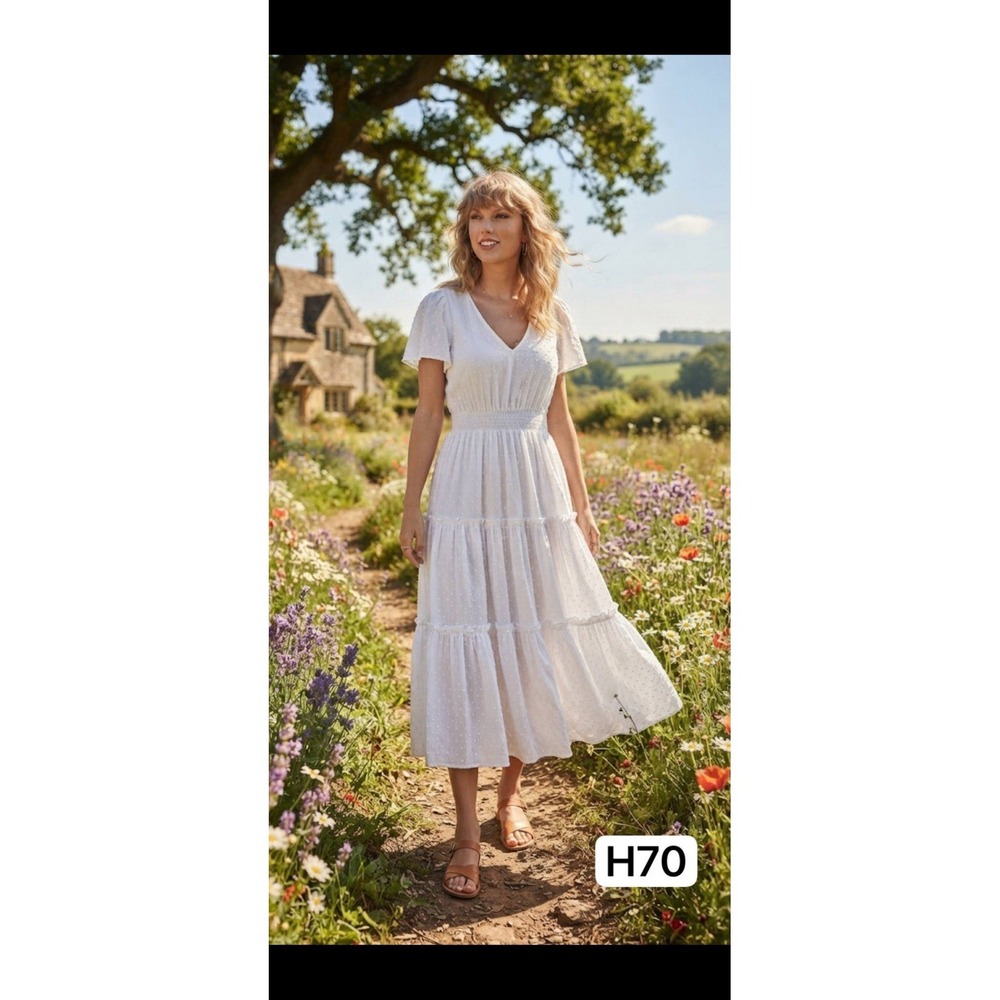 Chelsea28 White Swiss Dot Tiered Midi Dress M Flutter Sleeve Cottagecore Boho